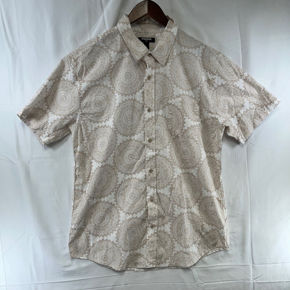 RSQ Button Up Shirt Mens Large White Tan Geometric Mandala Short Sleeve